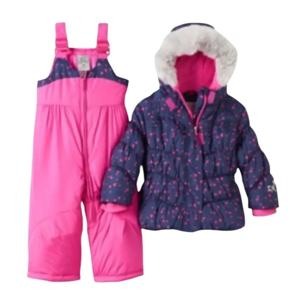 Zeroxposure Baby Girls Cinzia Snowbibs & Coat Set Blue Pink Hearts 12 Months EUC